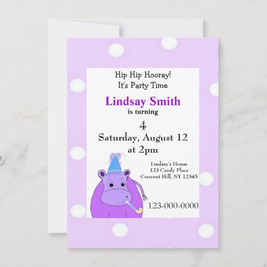 Invitation de la fête hippo violet (Devant)
