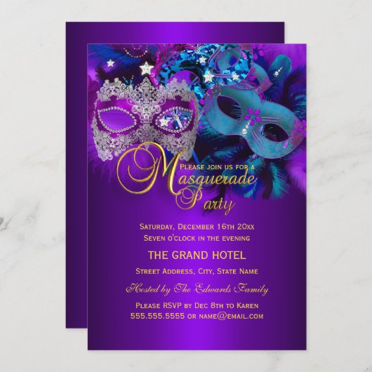 Invitation de la fête mascarade de masques violet  (Devant / Derrière)