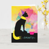 Invitation de la fête PAWTY avec chat noir et pein (Fleur jaune)