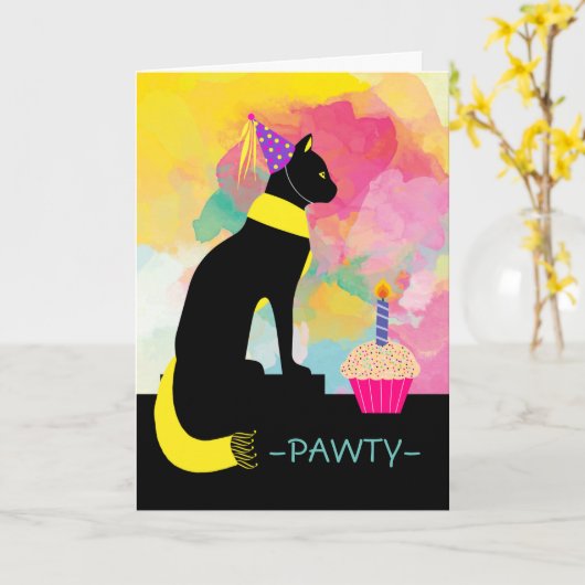 Invitation de la fête PAWTY avec chat noir et pein (Fleur jaune)