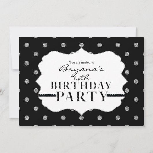 Invitation de la fête Pois Black & Silver Faux (Devant)