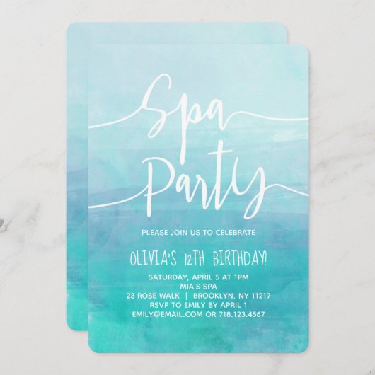 Invitation de la fête spa Spa d'aquarelle bleue An (Devant / Derrière)