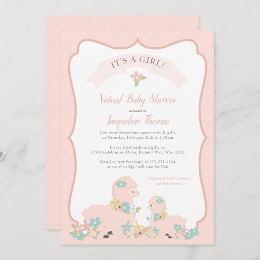 Invitation de la fille Llama Baby shower rose (Devant / Derrière)