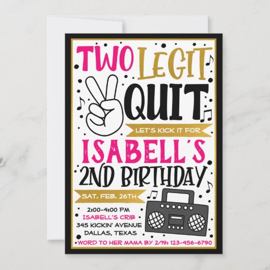 Invitation de la fille Two Legit to Quit, 2e anniv (Devant)