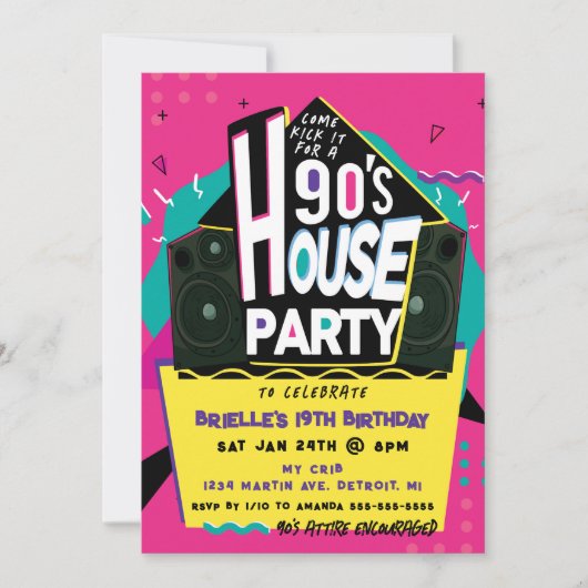 Invitation de la House Party des années 90 rose (Devant)