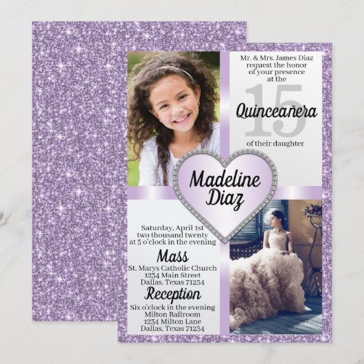 Invitation de la Lavande mauve Quinceañera Cumplea (Devant / Derrière)