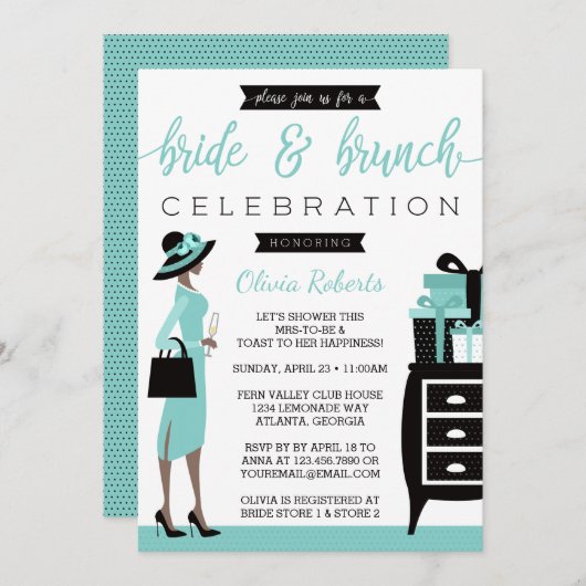 Invitation de la mariée et du brunch, bleu, noir (Devant / Derrière)