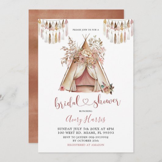 Invitation de la nuptiale Boho Teepee (Devant / Derrière)