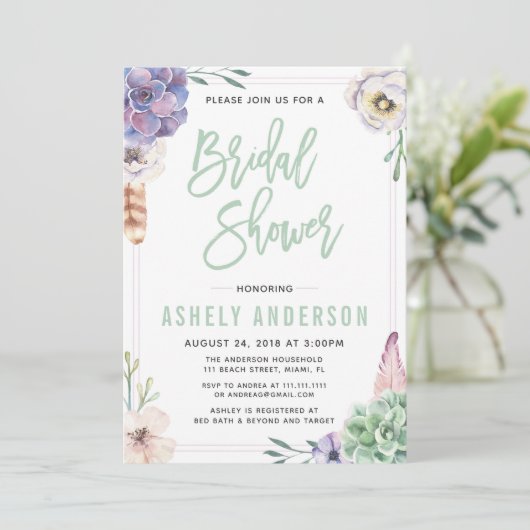 Invitation de la nuptiale de Boho Succulent du dés (Debout devant)