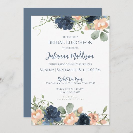 Invitation de la nuptiale florale bleu et bleu (Devant / Derrière)