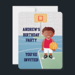 Invitation de la partie anniversaire de enfant de<br><div class="desc">On can create this in any basketball uniform color or change element of the boy as required. A cute basketball design for any Birthday of a future basketball player or basketball fan, featuring a young basketball player wearing a jersey and holding a basketball a basketball court. Parfait pour tout Birthday...</div>