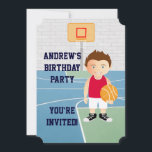 Invitation de la partie anniversaire de enfant de<br><div class="desc">On can create this in any basketball uniform color or change element of the boy as required. A cute basketball design for any Birthday of a future basketball player or basketball fan, featuring a young basketball player wearing a jersey and holding a basketball a basketball court. Parfait pour tout Birthday...</div>