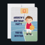 Invitation de la partie anniversaire de enfant de<br><div class="desc">On can create this in any basketball uniform color or change element of the boy as required. A cute basketball design for any Birthday of a future basketball player or basketball fan, featuring a young basketball player wearing a jersey and holding a basketball a basketball court. Parfait pour tout Birthday...</div>
