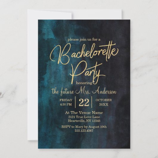 Invitation de la partie Bachelorette Bleue et Or M (Devant)