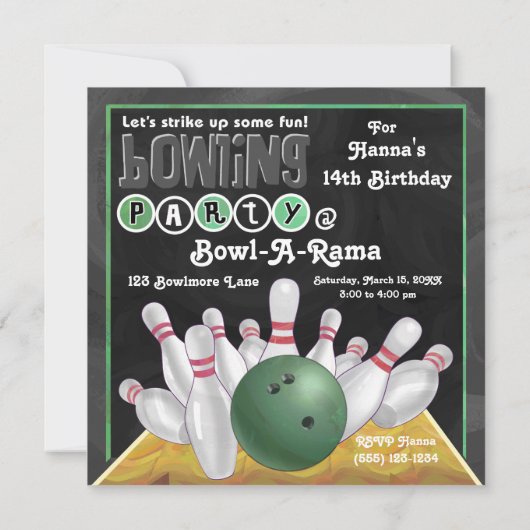 Invitation de la partie de bowling vert (Dos)