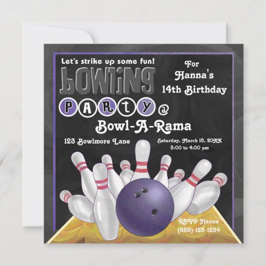 Invitation de la partie de Bowling violet (Dos)