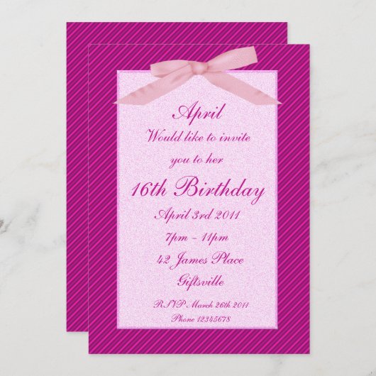 Invitation de la partie de ruban rose (Devant / Derrière)