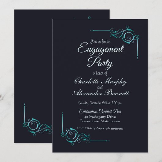Invitation de la partie d'engagement bleu et turqu (Devant / Derrière)
