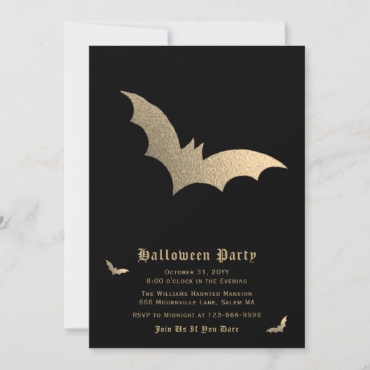 Invitation de la partie d'Halloween Bat d'or noir (Devant)