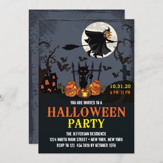 Invitation de la partie d'Halloween Black Sorcière (Devant / Derrière)
