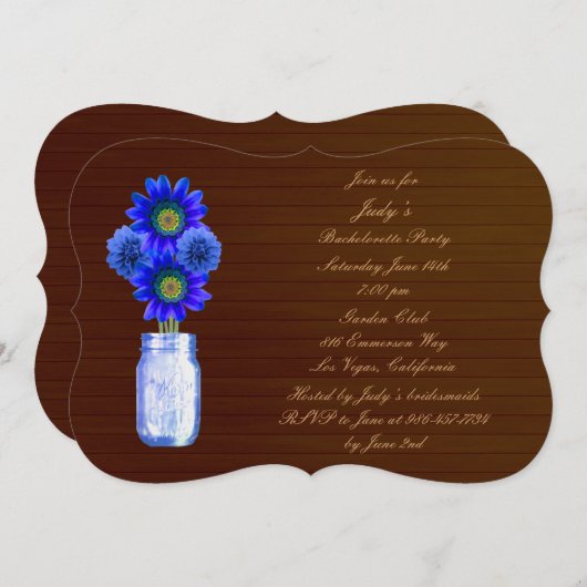 Invitation de la partie Rustic Blue Mason Jar Bach (Devant / Derrière)