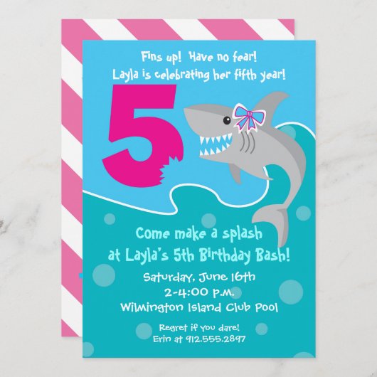 Invitation de la petite fille Shark Bite - 5e fête (Devant / Derrière)