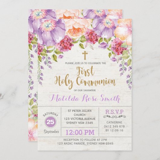 Invitation de la première communion sacrée Flore d (Devant / Derrière)