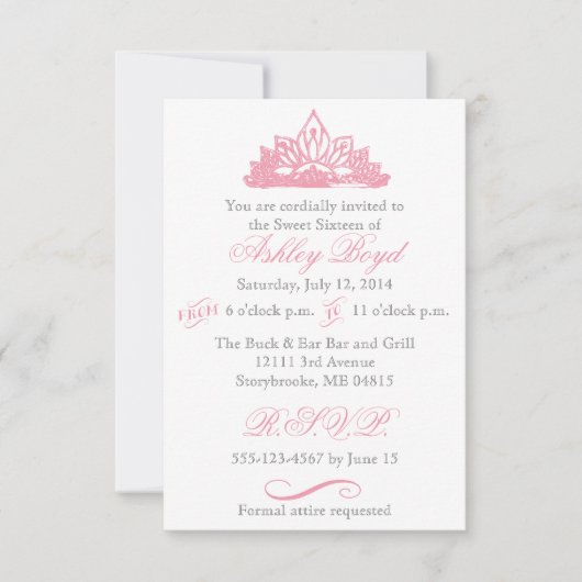 Invitation de la princesse rose Sweet sixteen (Devant)