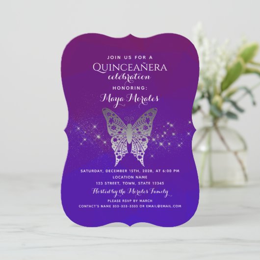 Invitation de la Quinceanera Bleue Violet (Debout devant)