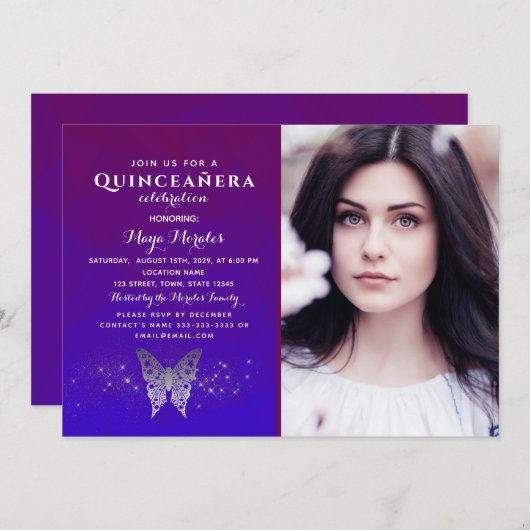 Invitation de la Quinceanera Bleue Violet (Devant / Derrière)