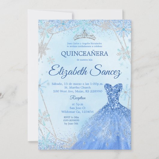 Invitation de la Quinceanera d'hiver bleu et argen (Devant)