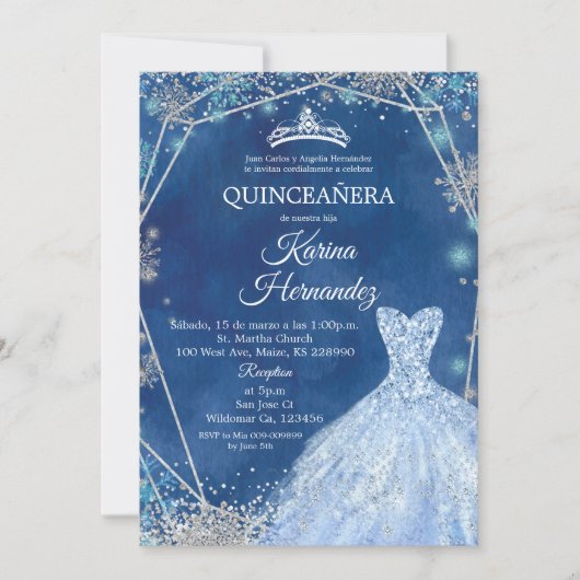 Invitation de la Quinceanera d'hiver bleu et argen (Devant)