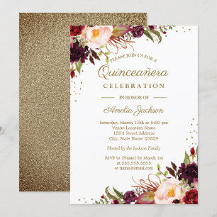 Invitation de la Quinceanera d'or à l'aquarelle fl