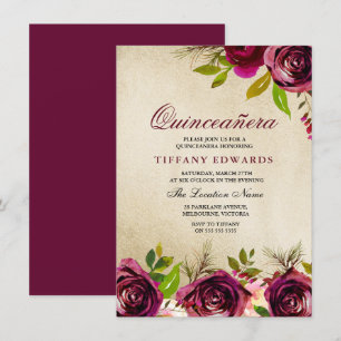 Invitation de la Quinceañera d'or Floral de Bourgo