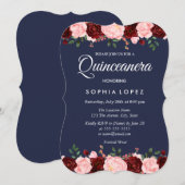Invitation de la Quinceanera Florale Bleue Bourgog (Devant / Derrière)