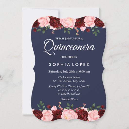 Invitation de la Quinceanera Florale Bleue Bourgog (Devant)