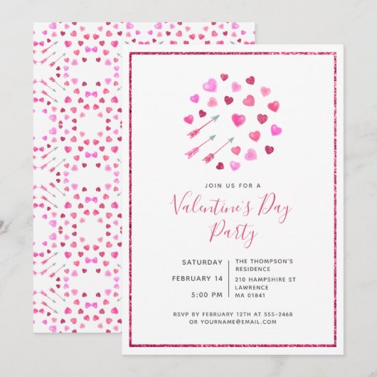 Invitation de la Saint-Valentin coeurs roses et fl (Devant / Derrière)