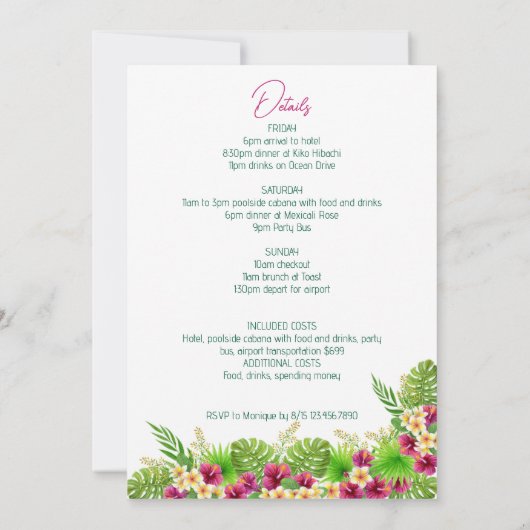 Invitation de la soirée de bachelorette tropicale (Dos)