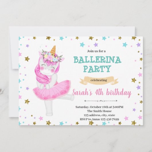 Invitation de la soirée de ballerine Unicorn (Devant)