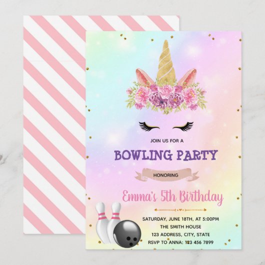 Invitation de la soirée de bowling Unicorn (Devant / Derrière)