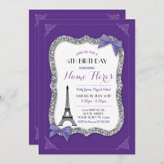 Invitation de la tour Eiffel violette de Paris Ann (Devant / Derrière)