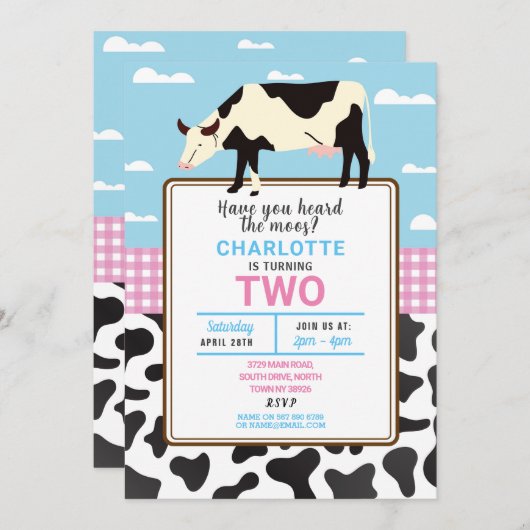 Invitation de l'anniversaire de la vache Deux 2e I (Devant / Derrière)