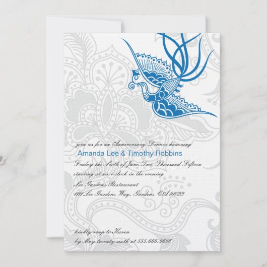 Invitation de l'anniversaire du Mariage bleu et fl (Devant)