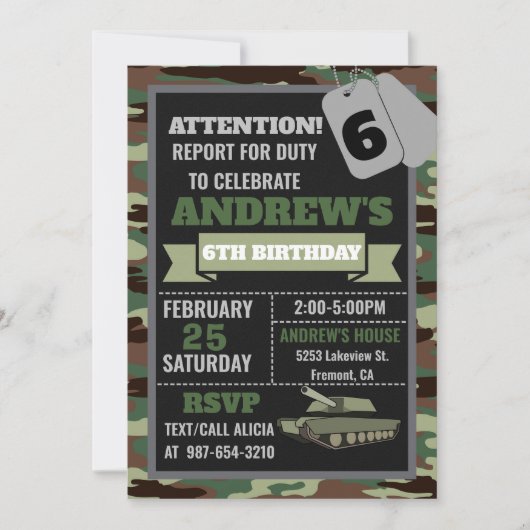 Invitation de l'armée, invitation d'anniversaire m (Devant)