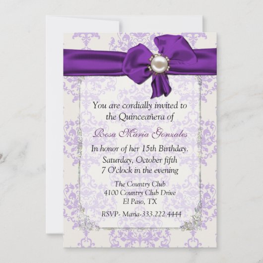 Invitation de Lavender et Cream Damask Quinceañera (Devant)
