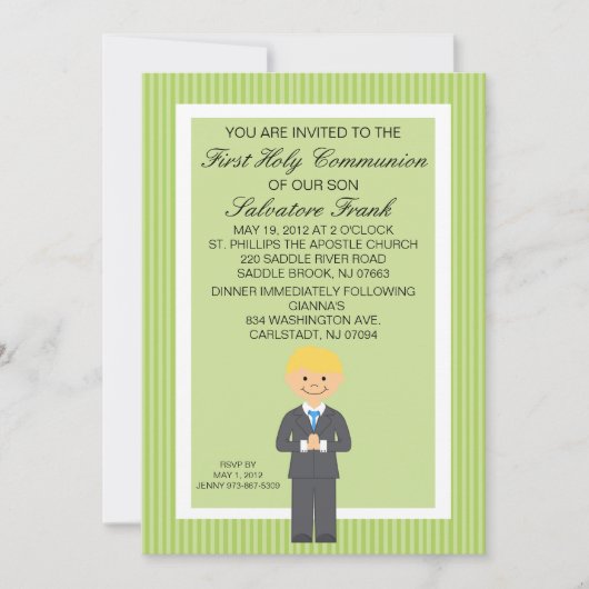 Invitation de Lime Green Cute First Communion Boy (Devant)