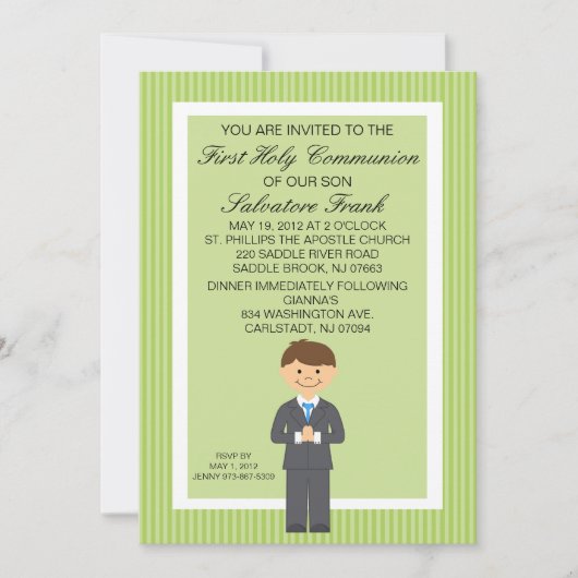 Invitation de Lime Green Cute First Communion Boy  (Devant)