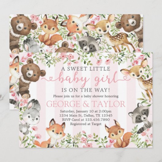 Invitation de l'invitation Baby shower animal Girl (Devant / Derrière)