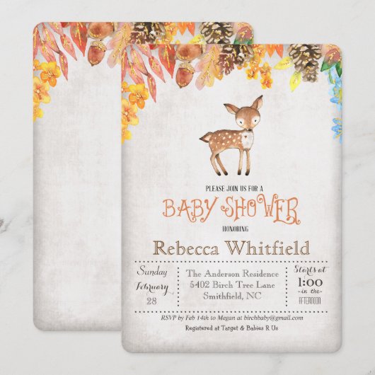 Invitation de Little Deer Baby shower (Devant / Derrière)