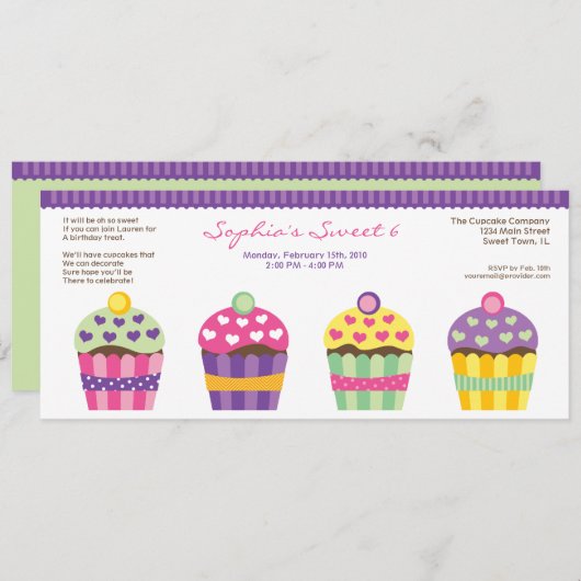 Invitation de longue date de "Heart" Cupcakes (Devant / Derrière)